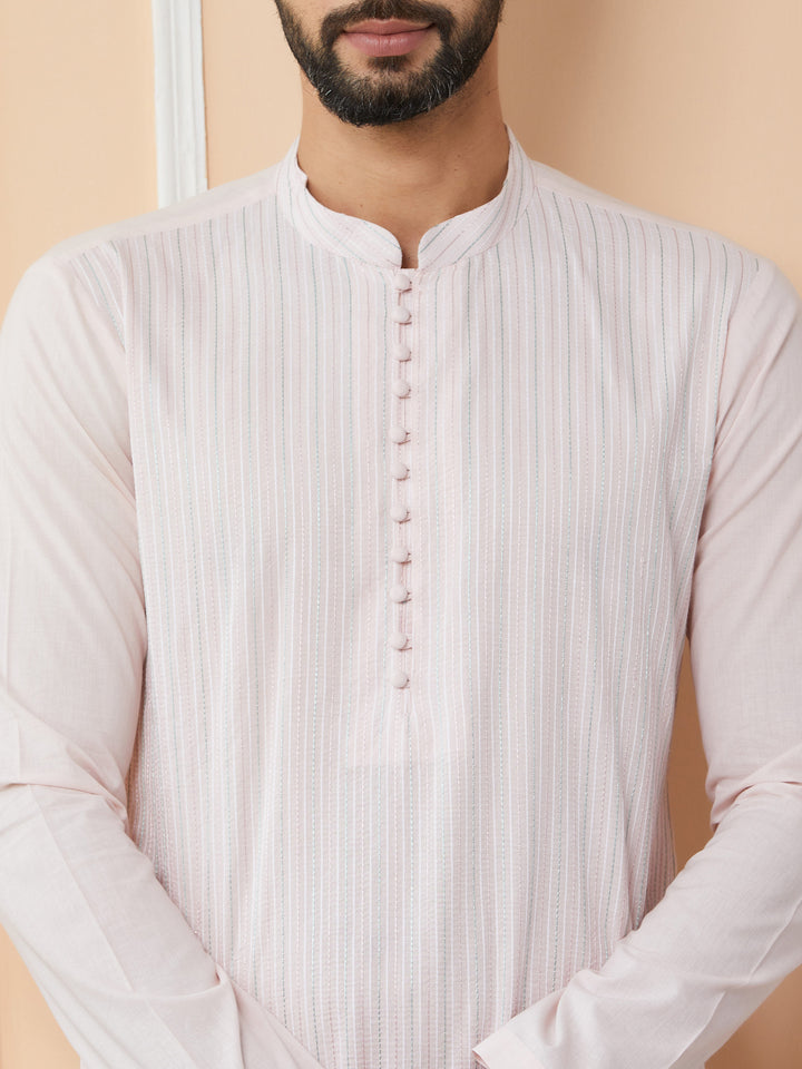 Light Pink Thread Worked Pure Cotton Straight Kurta