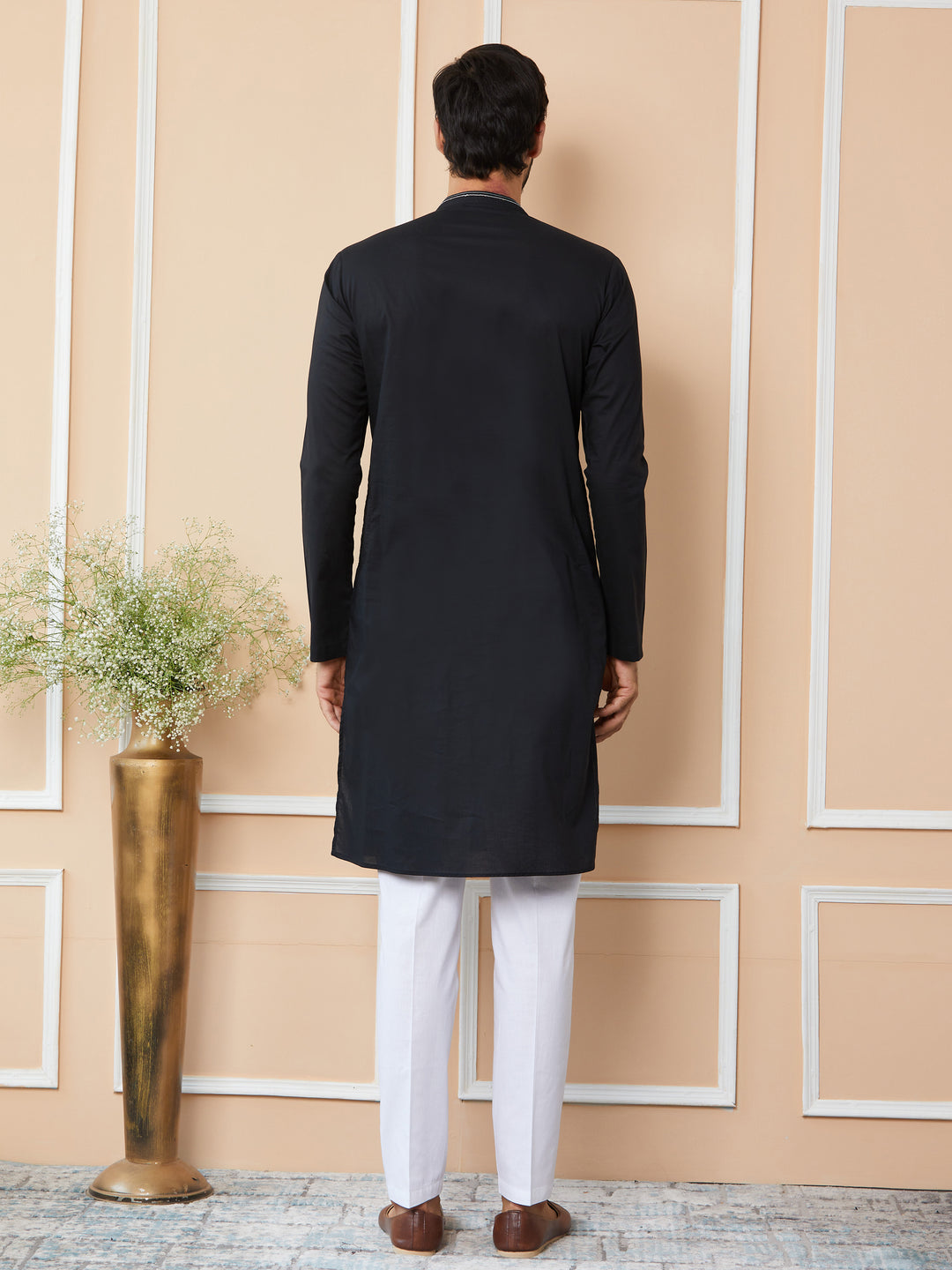 Black Gota Strips and Sequins Embroidered Pure Cotton Straight Kurta