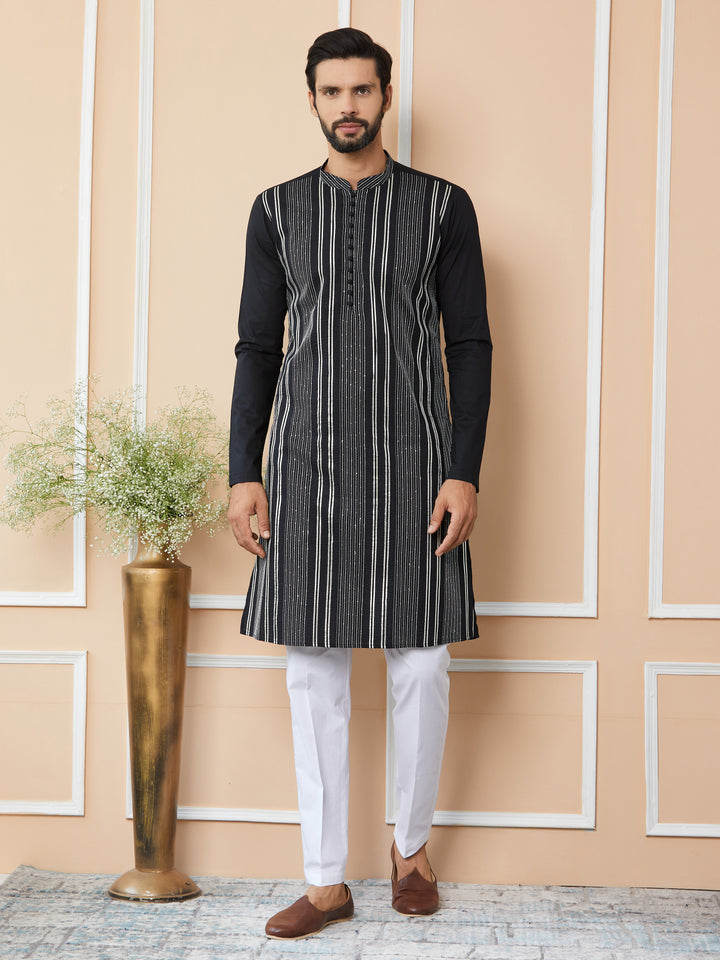 Black Gota Strips and Sequins Embroidered Pure Cotton Straight Kurta with Pyjama