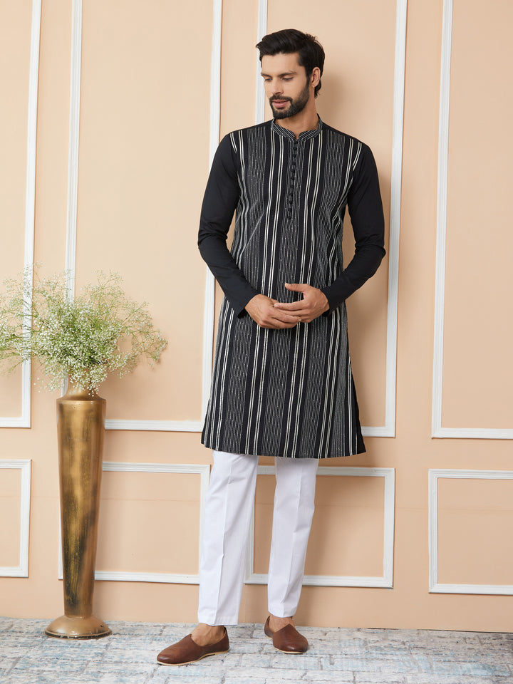 Black Gota Strips and Sequins Embroidered Pure Cotton Straight Kurta with Pyjama