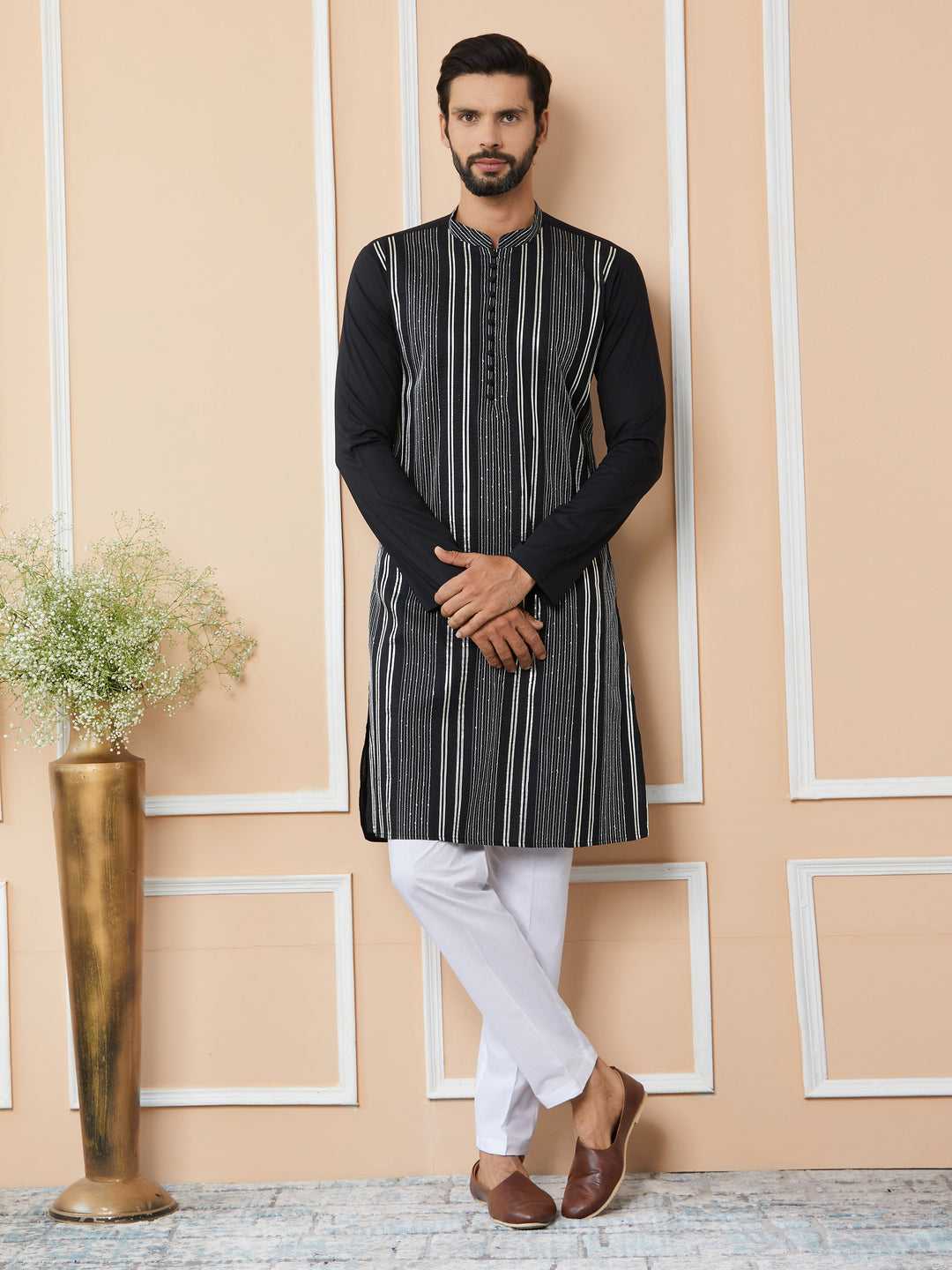 Black Gota Strips and Sequins Embroidered Pure Cotton Straight Kurta with Pyjama