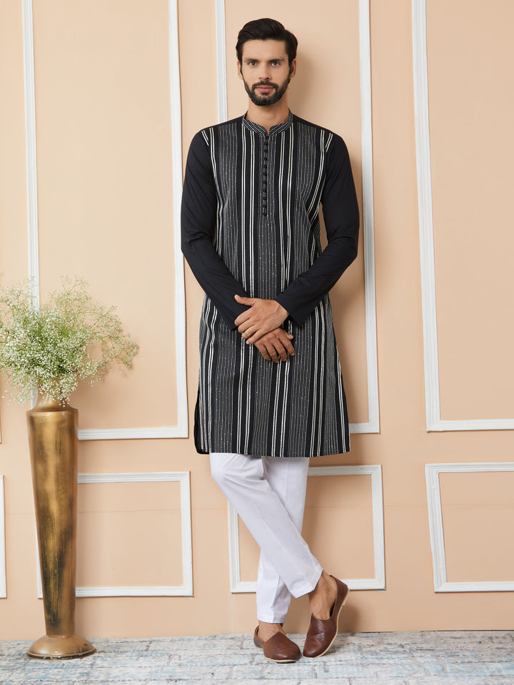 Black Gota Strips and Sequins Embroidered Pure Cotton Straight Kurta with Pyjama