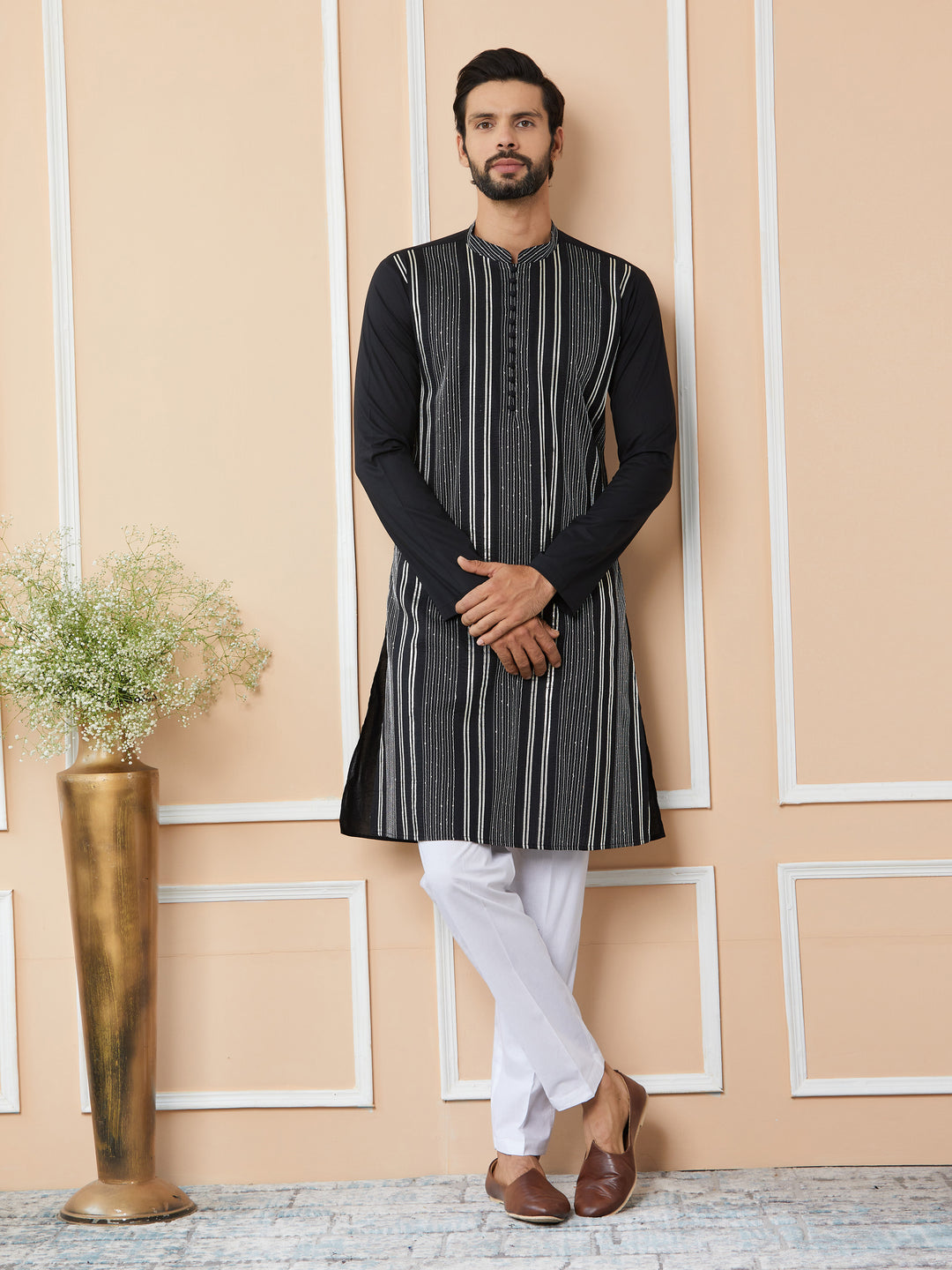 Black Gota Strips and Sequins Embroidered Pure Cotton Straight Kurta with Pyjama