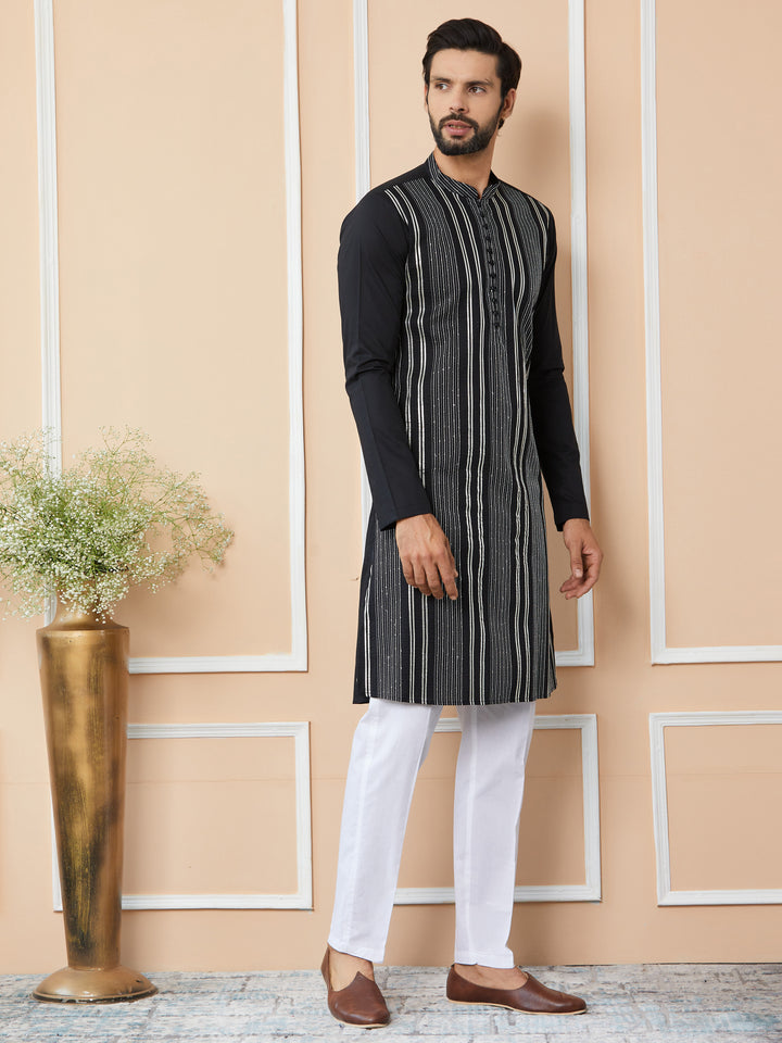 Black Gota Strips and Sequins Embroidered Pure Cotton Straight Kurta with Pyjama