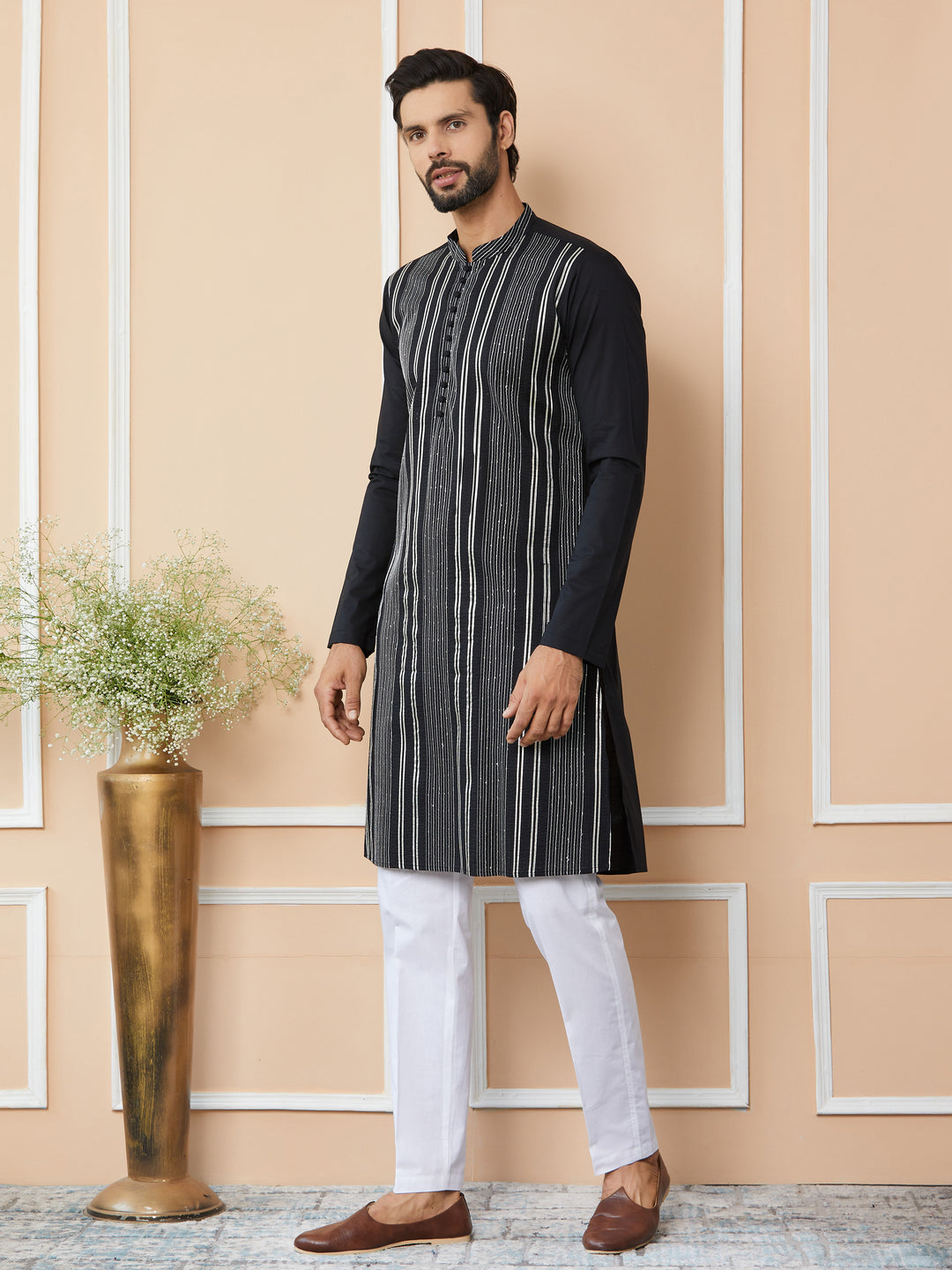 Black Gota Strips and Sequins Embroidered Pure Cotton Straight Kurta with Pyjama