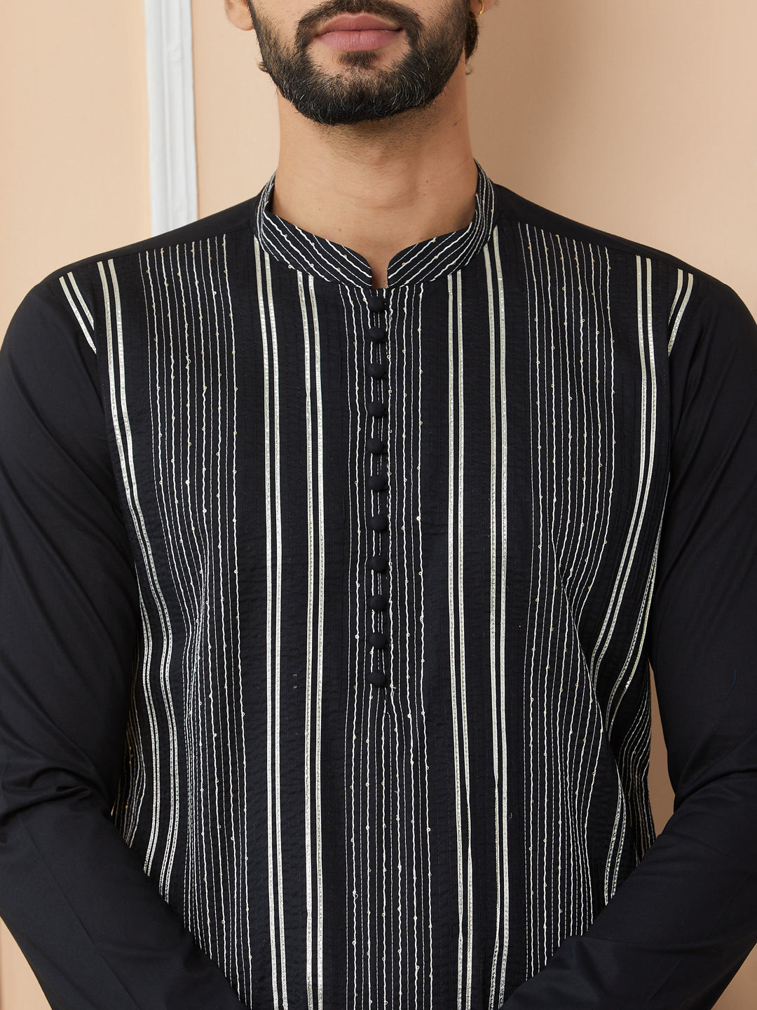 Black Gota Strips and Sequins Embroidered Pure Cotton Straight Kurta