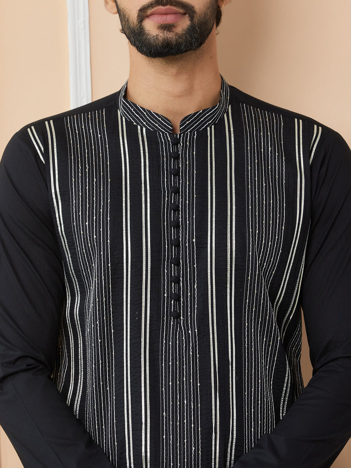 Black Gota Strips and Sequins Embroidered Pure Cotton Straight Kurta with Pyjama