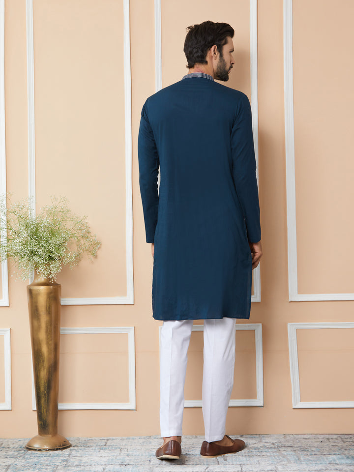 Dark Blue Thread & Sequin Worked Pure Cotton Straight Kurta