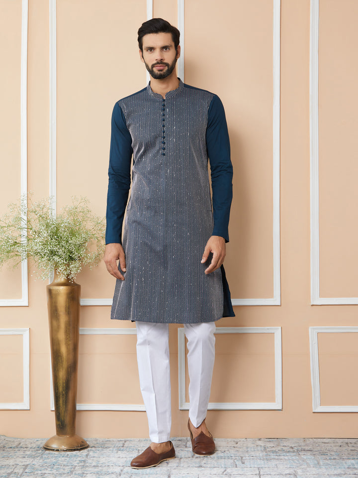 Dark Blue Thread & Sequin Worked Pure Cotton Straight Kurta with Pyjama