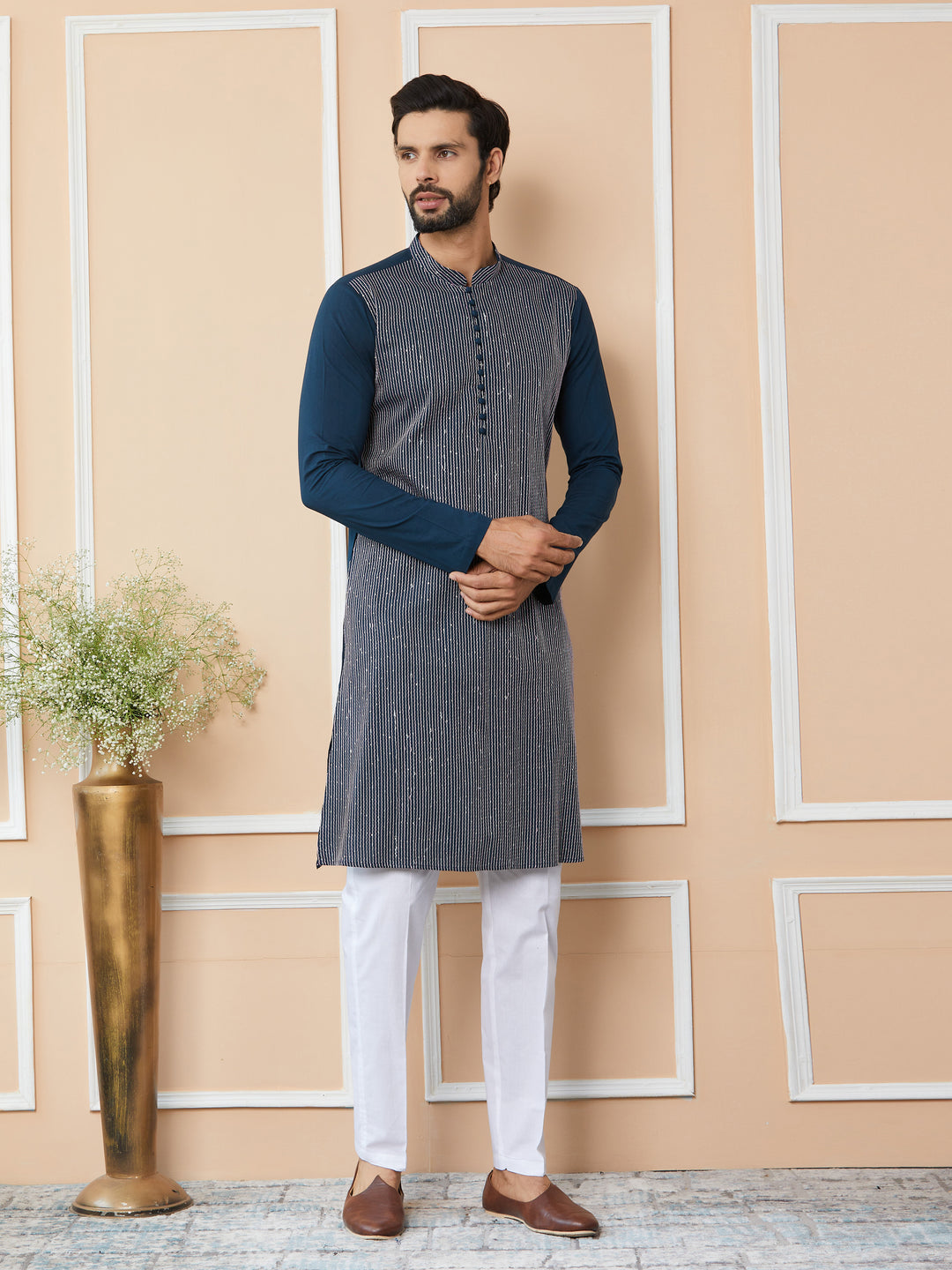 Dark Blue Thread & Sequin Worked Pure Cotton Straight Kurta