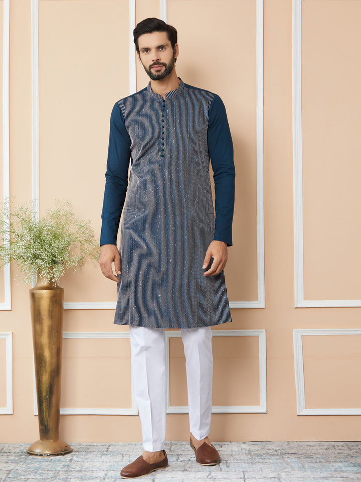 Dark Blue Thread & Sequin Worked Pure Cotton Straight Kurta