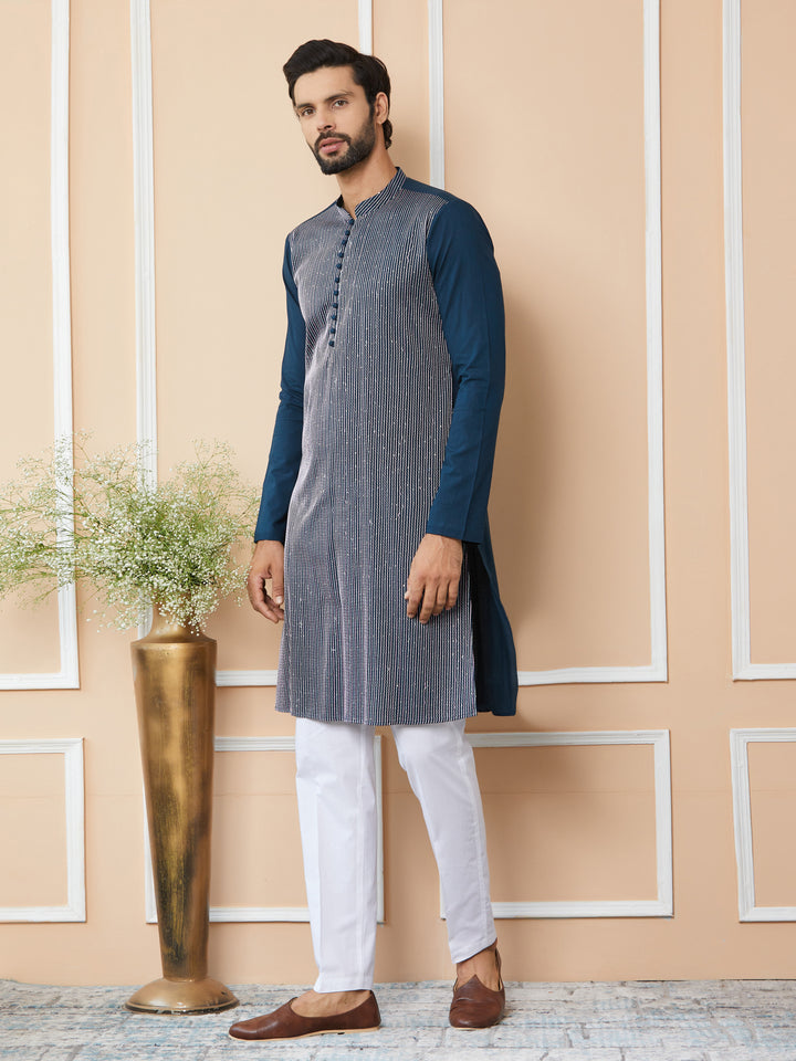 Dark Blue Thread & Sequin Worked Pure Cotton Straight Kurta