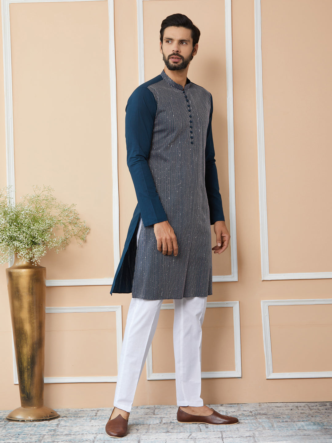 Dark Blue Thread & Sequin Worked Pure Cotton Straight Kurta