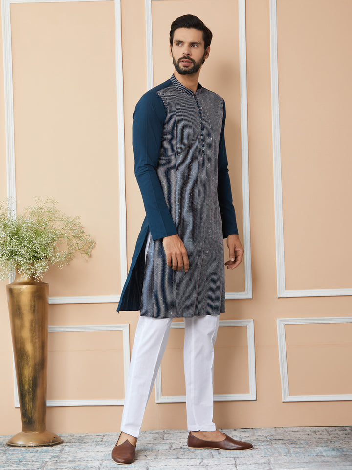 Dark Blue Thread & Sequin Worked Pure Cotton Straight Kurta with Pyjama