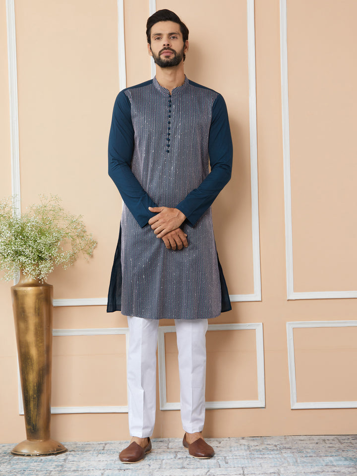 Dark Blue Thread & Sequin Worked Pure Cotton Straight Kurta