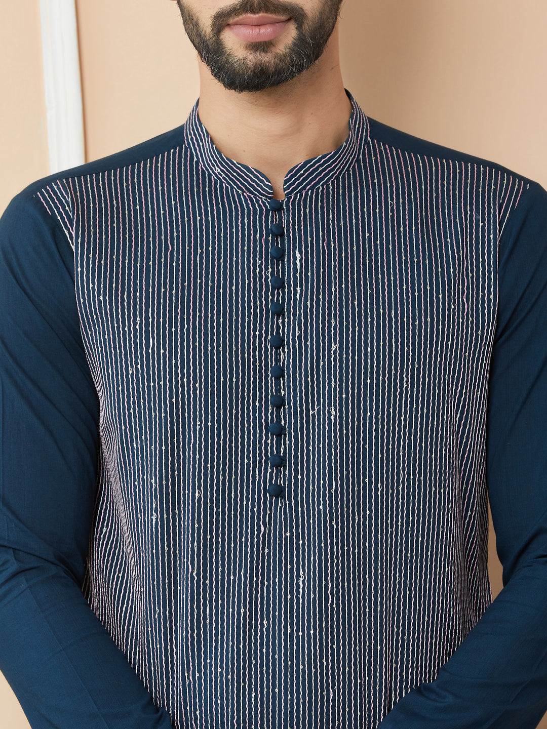 Dark Blue Thread & Sequin Worked Pure Cotton Straight Kurta