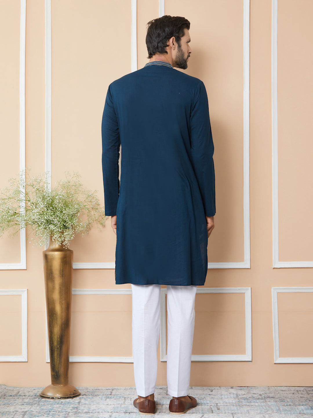 Dark Blue Thread & Sequin Worked Pure Cotton Straight Kurta