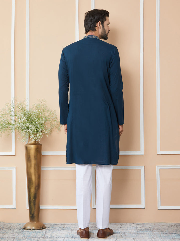 Dark Blue Thread & Sequin Worked Pure Cotton Straight Kurta with Pyjama