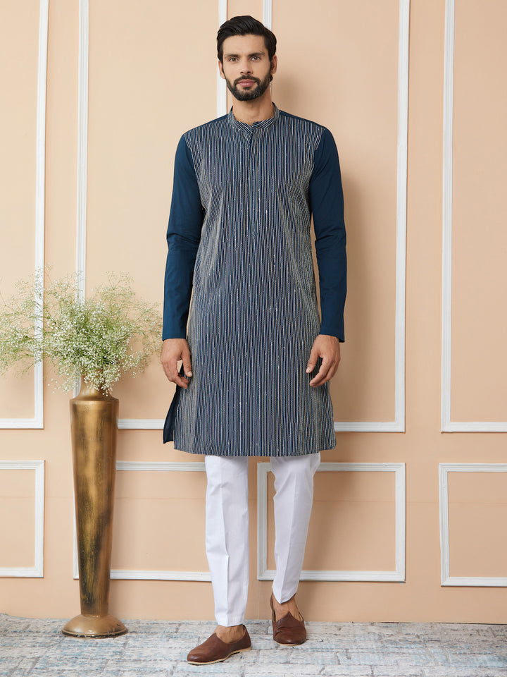 Dark Blue Thread & Sequin Worked Pure Cotton Straight Kurta