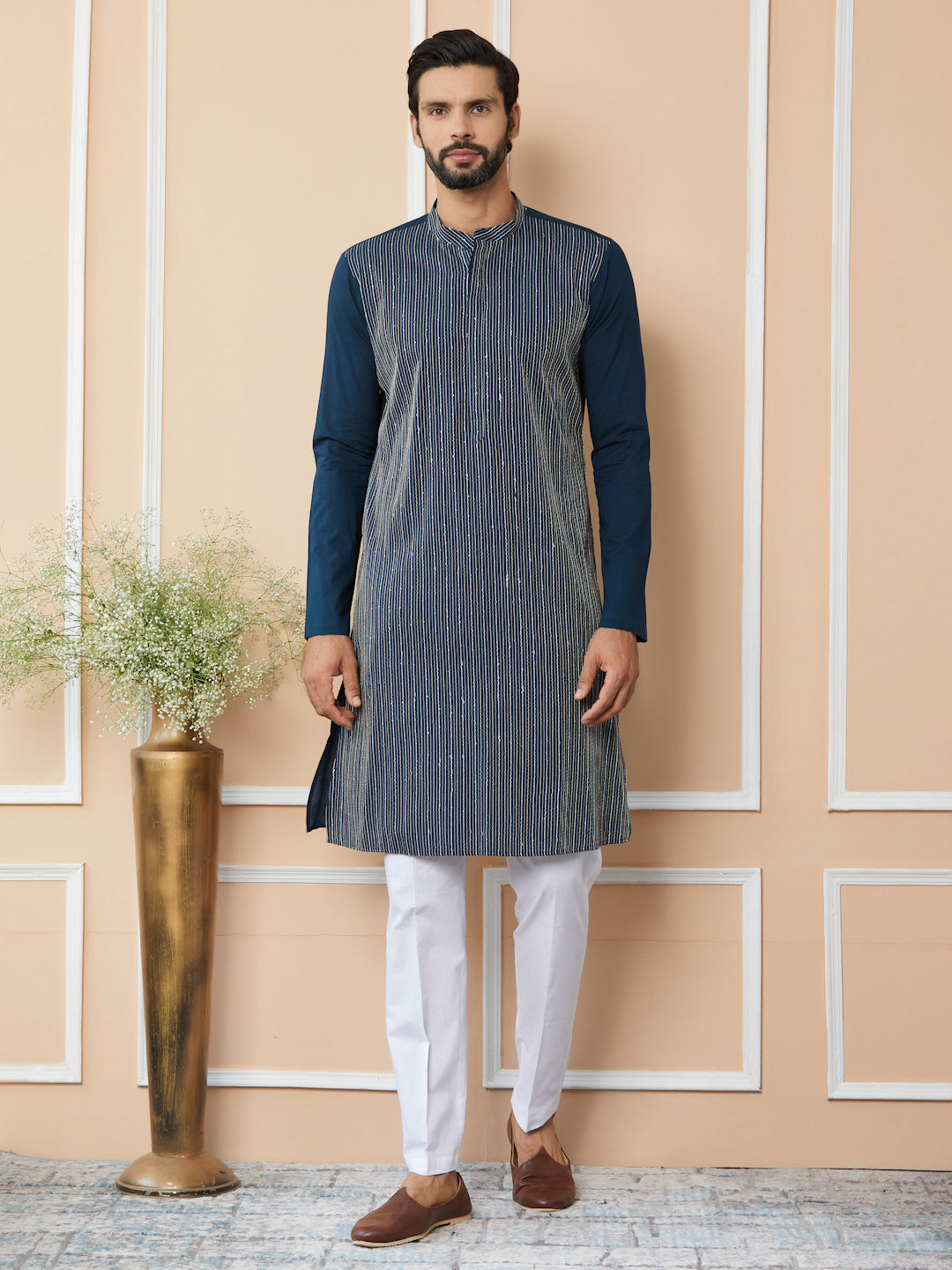 Dark Blue Thread & Sequin Worked Pure Cotton Straight Kurta with Pyjama