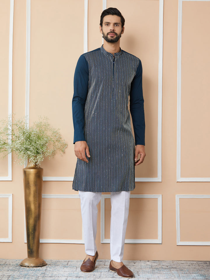 Dark Blue Thread & Sequin Worked Pure Cotton Straight Kurta