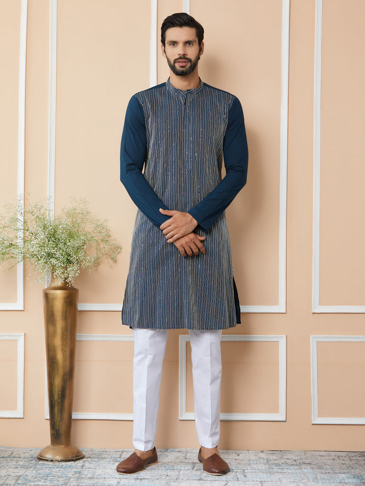 Dark Blue Thread & Sequin Worked Pure Cotton Straight Kurta