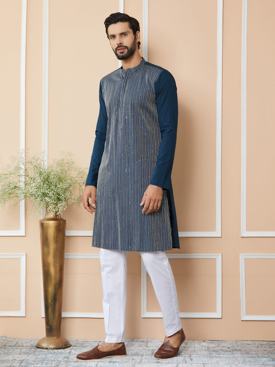 Dark Blue Thread & Sequin Worked Pure Cotton Straight Kurta