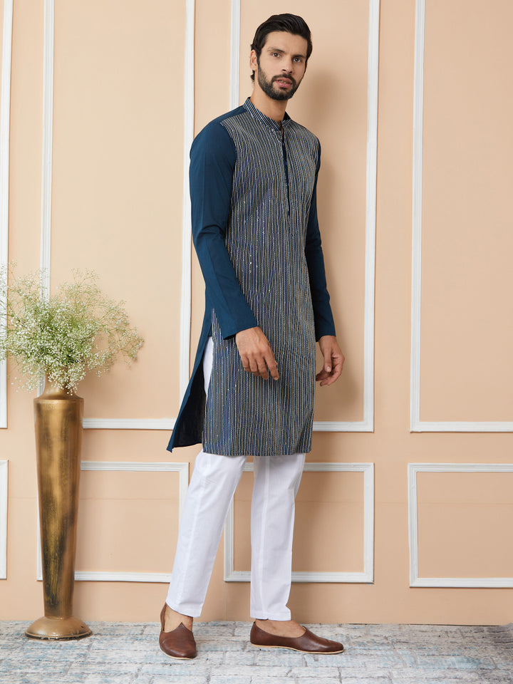 Dark Blue Thread & Sequin Worked Pure Cotton Straight Kurta