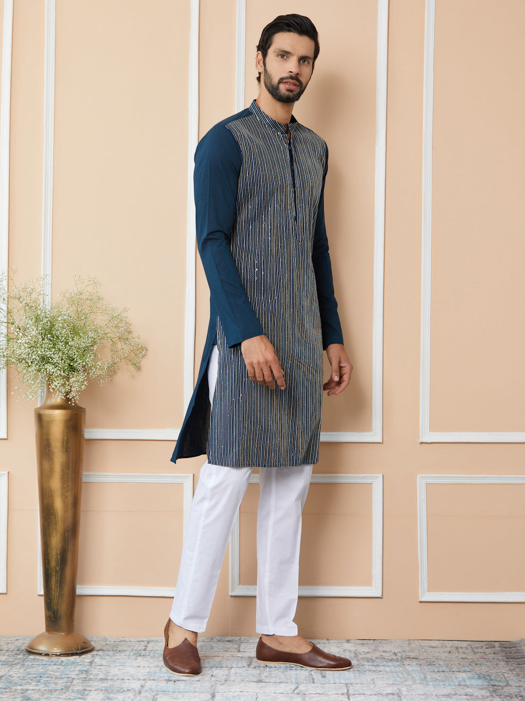 Dark Blue Thread & Sequin Worked Pure Cotton Straight Kurta with Pyjama