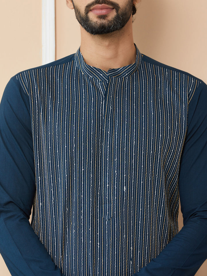 Dark Blue Thread & Sequin Worked Pure Cotton Straight Kurta