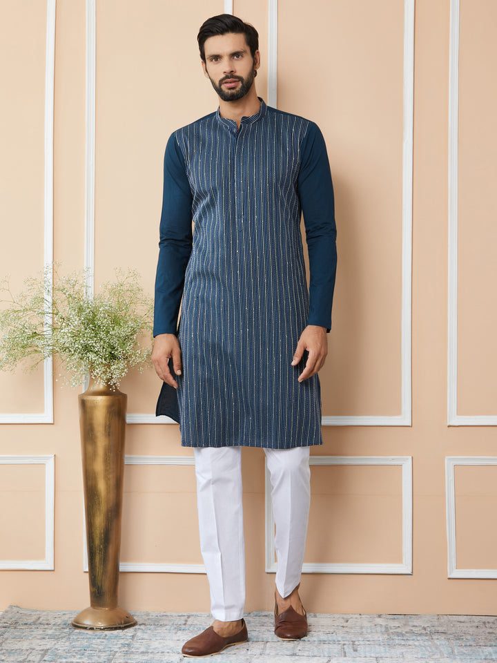 Dark Blue Thread & Sequin Worked Pure Cotton Straight Kurta