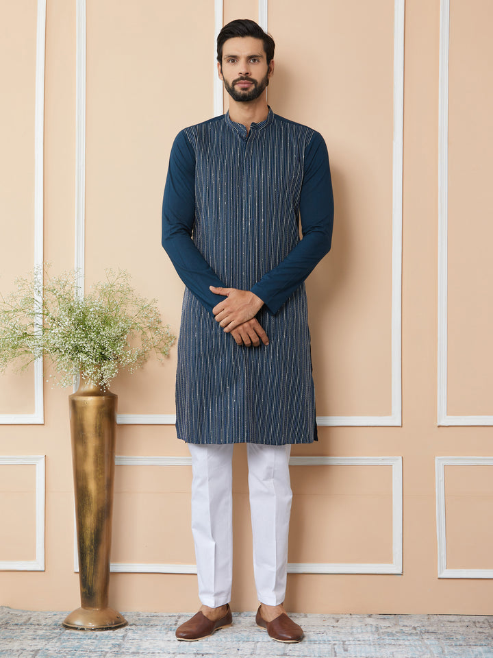 Dark Blue Thread & Sequin Worked Pure Cotton Straight Kurta