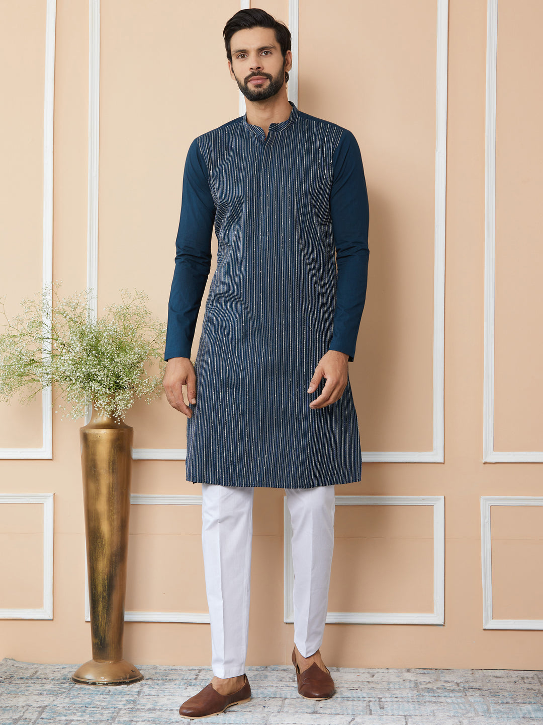 Dark Blue Thread & Sequin Worked Pure Cotton Straight Kurta