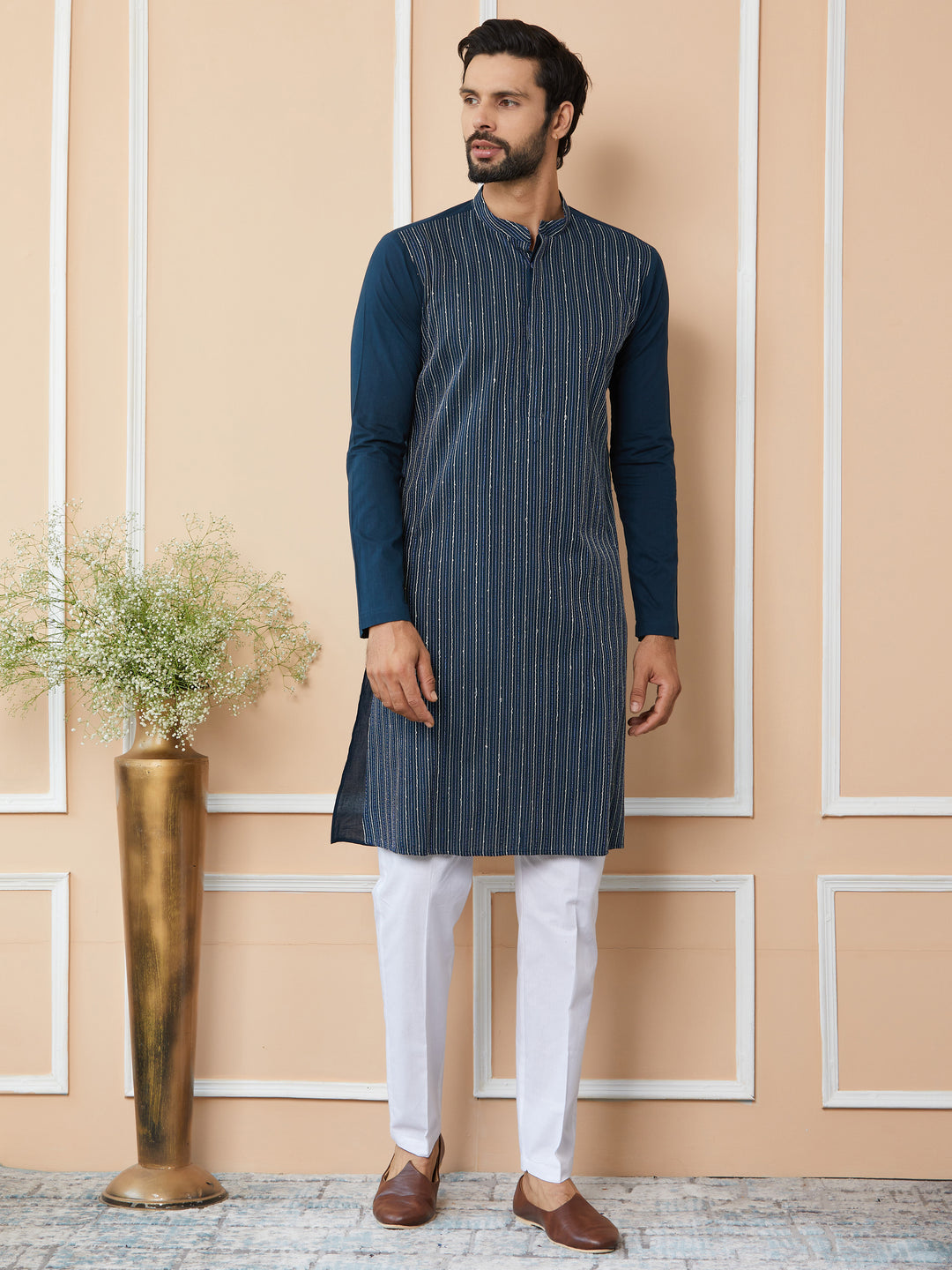 Dark Blue Thread & Sequin Worked Pure Cotton Straight Kurta