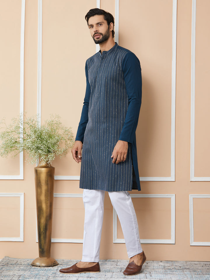 Dark Blue Thread & Sequin Worked Pure Cotton Straight Kurta