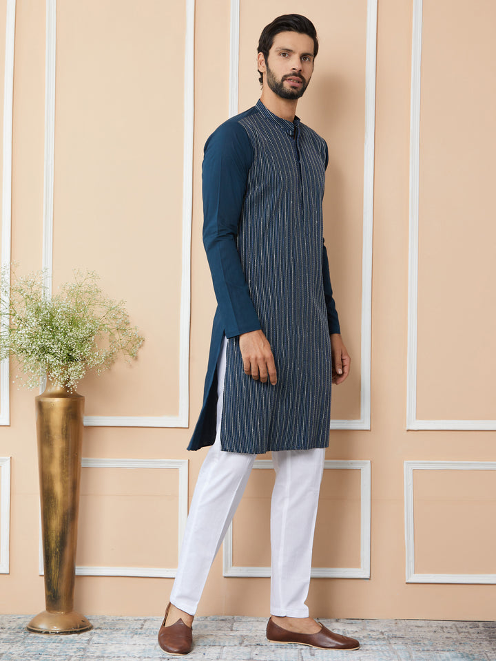 Dark Blue Thread & Sequin Worked Pure Cotton Straight Kurta