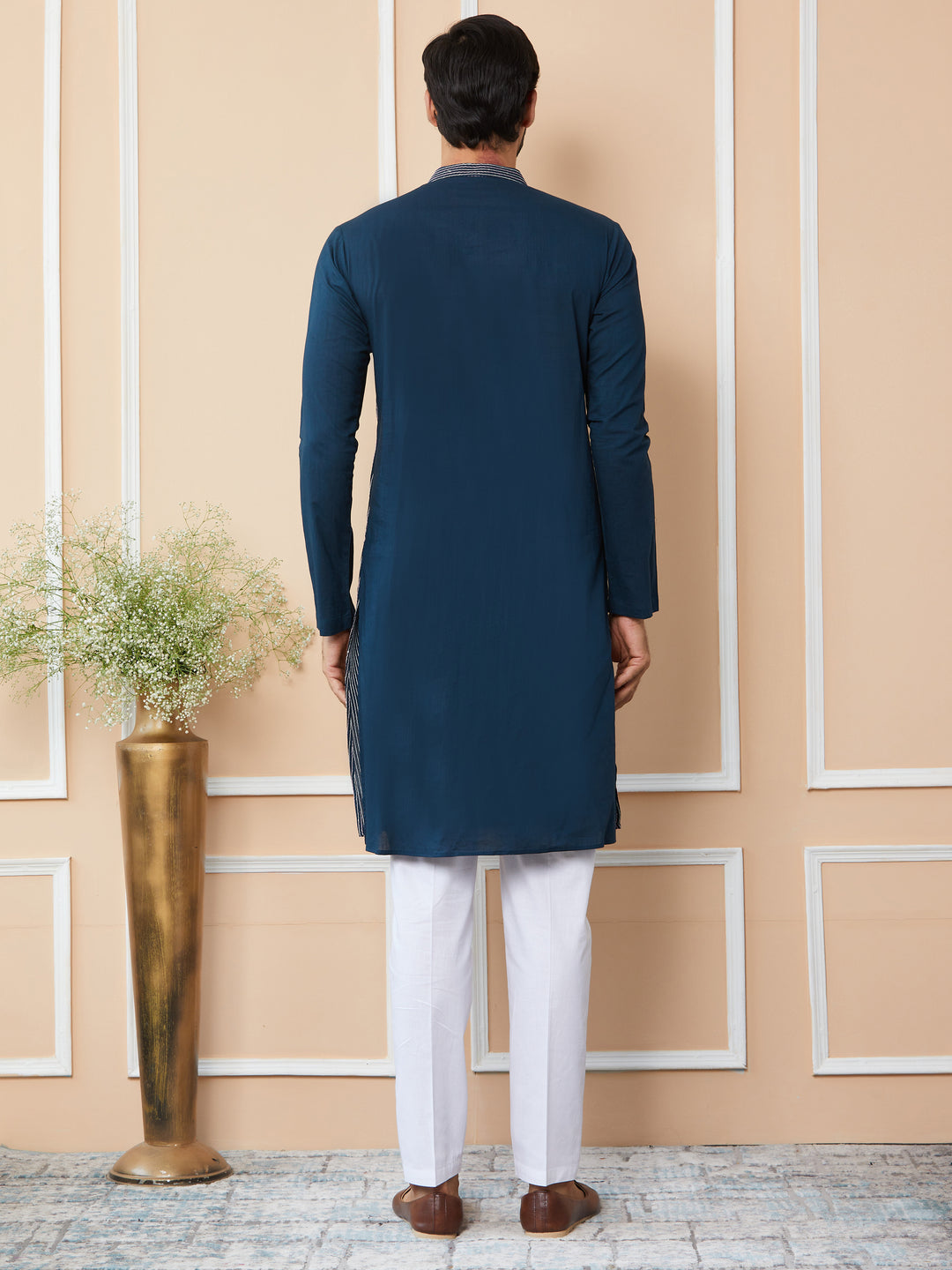 Dark Blue Thread & Sequin Worked Pure Cotton Straight Kurta