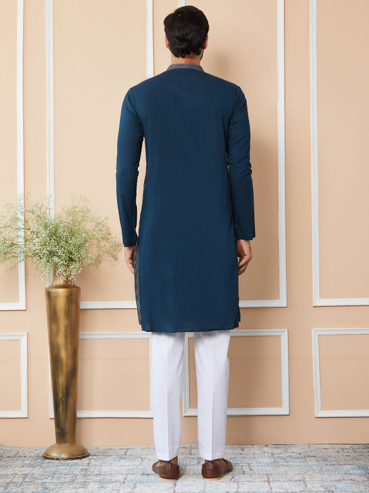 Dark Blue Thread & Sequin Worked Pure Cotton Straight Kurta with Pyjama