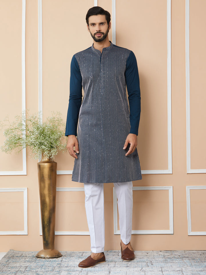 Dark Blue Thread & Sequin Worked Pure Cotton Straight Kurta