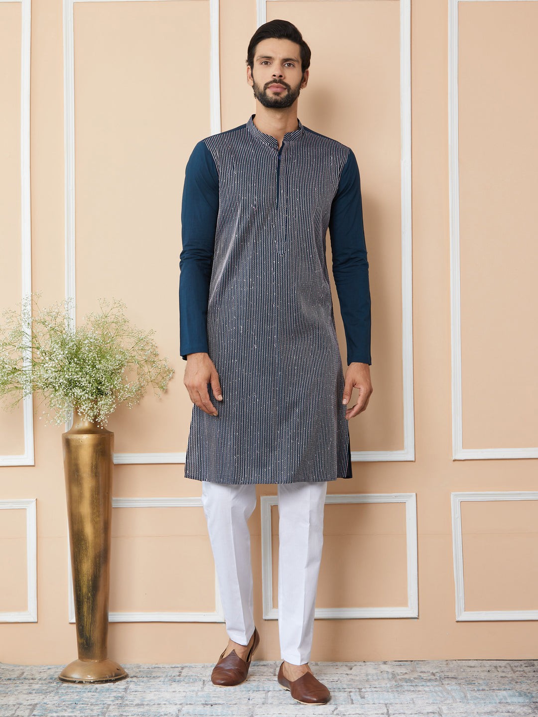 Dark Blue Thread & Sequin Worked Pure Cotton Straight Kurta