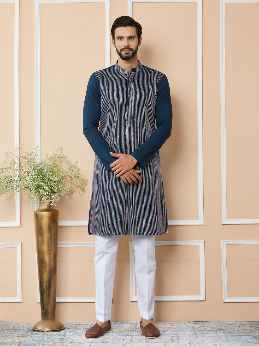 Dark Blue Thread & Sequin Worked Pure Cotton Straight Kurta