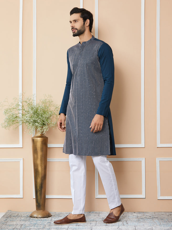 Dark Blue Thread & Sequin Worked Pure Cotton Straight Kurta