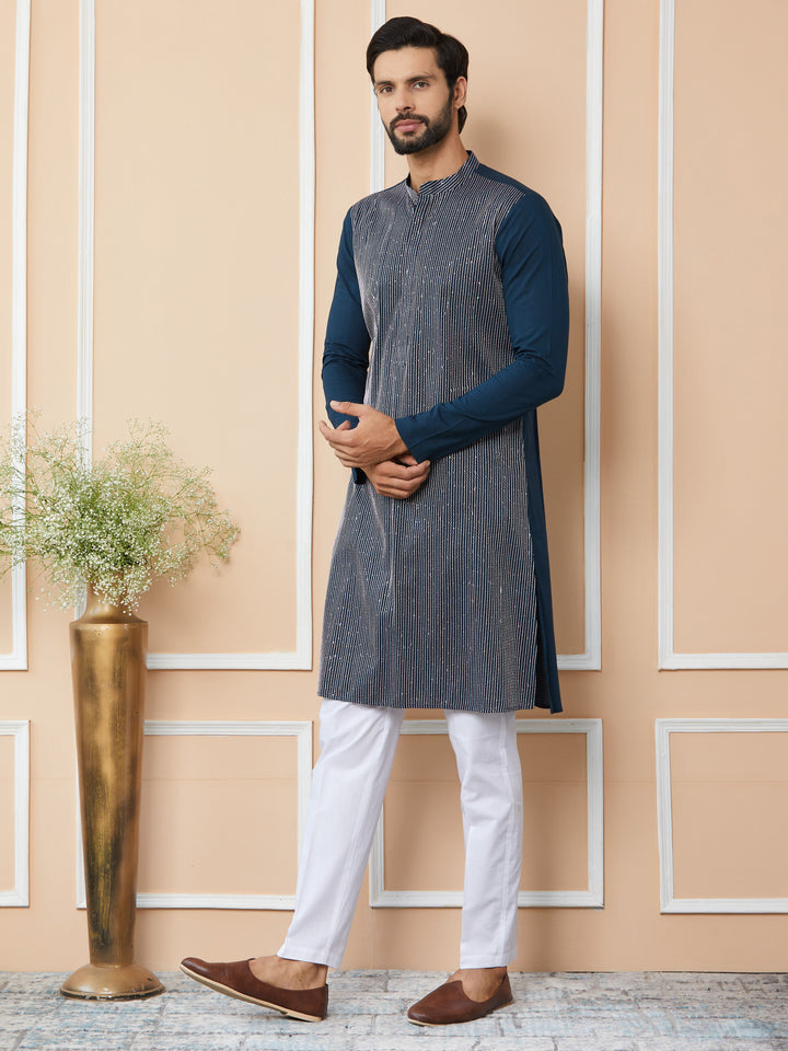 Dark Blue Thread & Sequin Worked Pure Cotton Straight Kurta