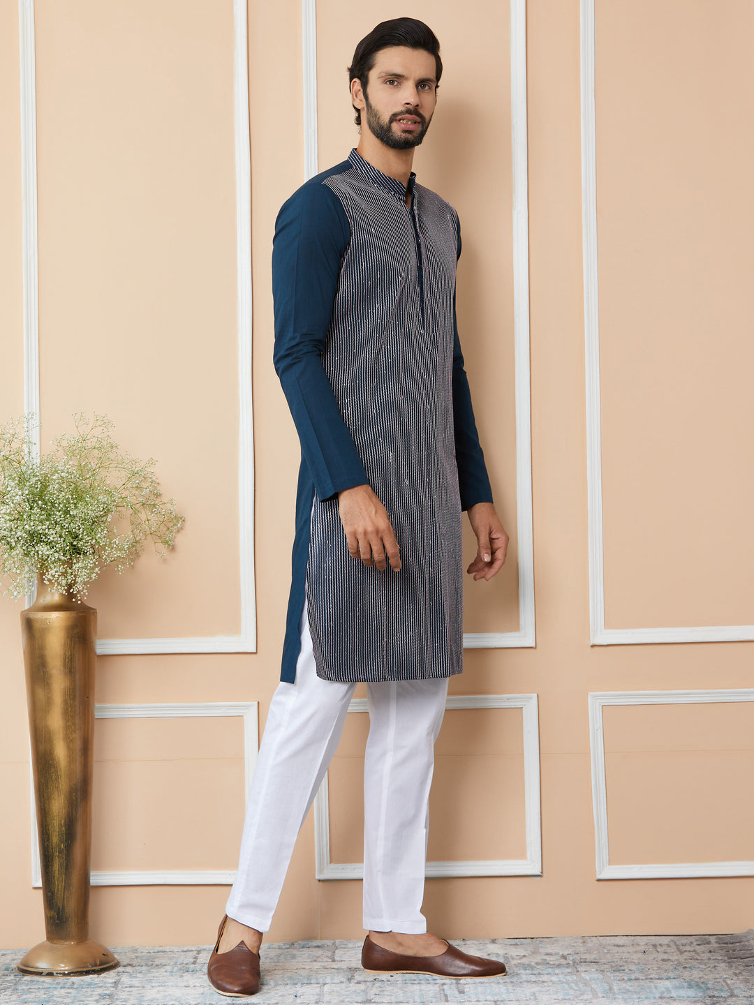 Dark Blue Thread & Sequin Worked Pure Cotton Straight Kurta