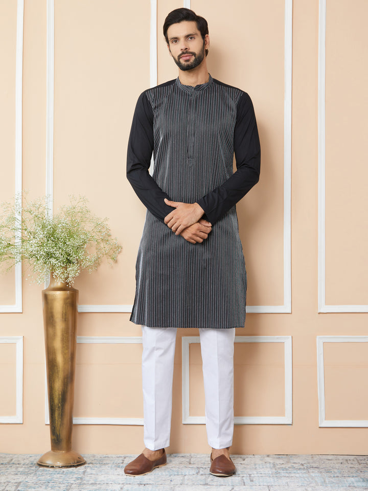 Black Thread Worked Pure Cotton Straight Kurta with Pyjama