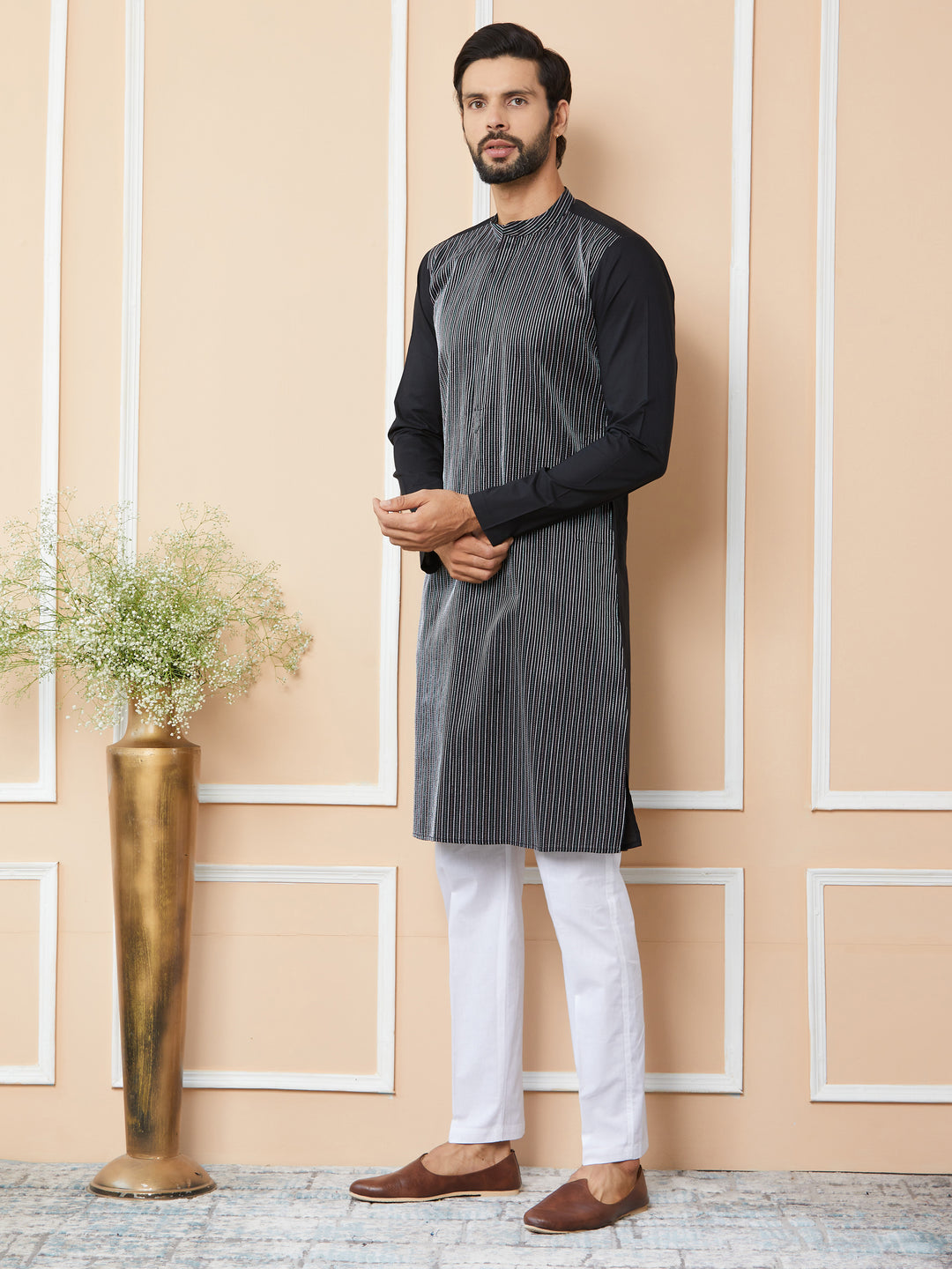 Black Thread Worked Pure Cotton Straight Kurta