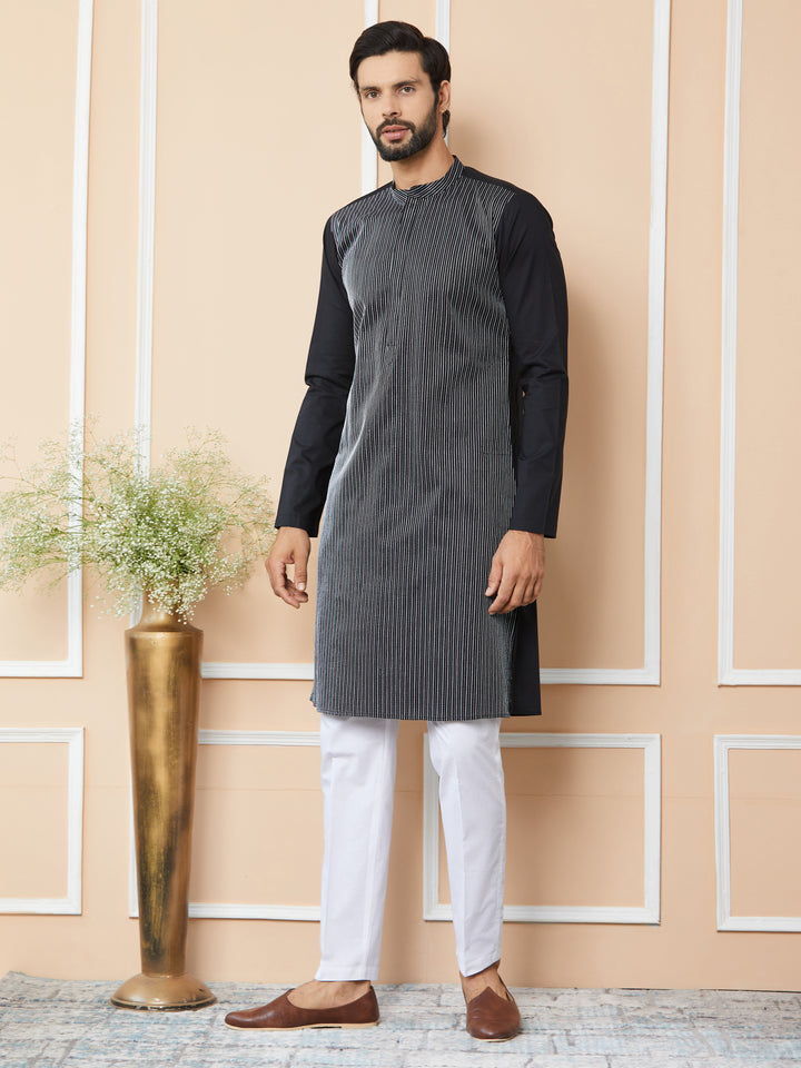 Black Thread Worked Pure Cotton Straight Kurta with Pyjama