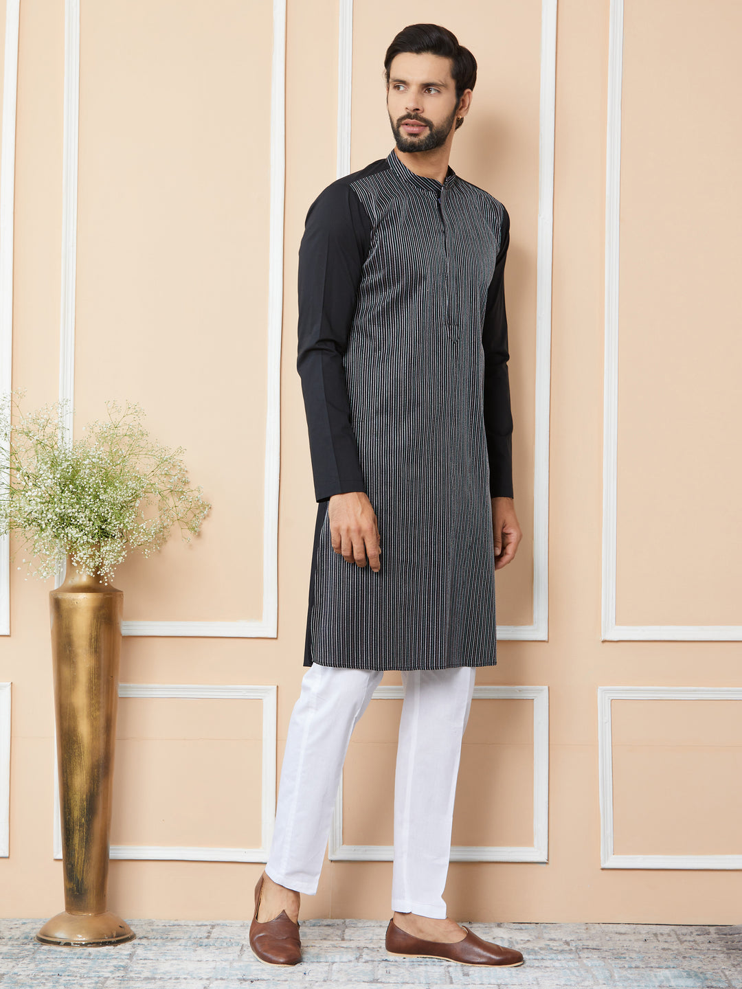 Black Thread Worked Pure Cotton Straight Kurta with Pyjama