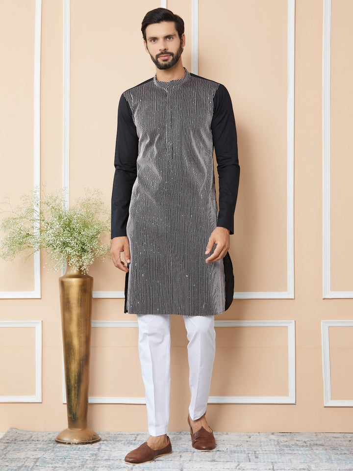 Black Thread & Sequin Worked Pure Cotton Straight Kurta