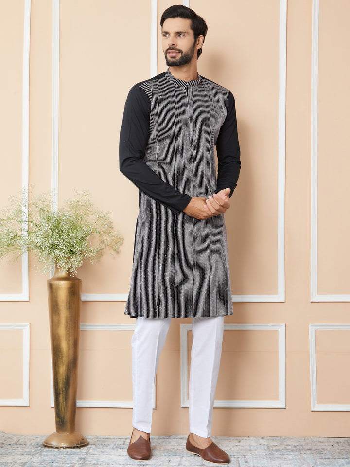 Black Thread & Sequin Worked Pure Cotton Straight Kurta